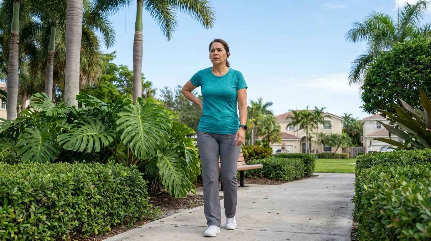 Woman recovering from lower back pain walking in Shenandoah Park Miami