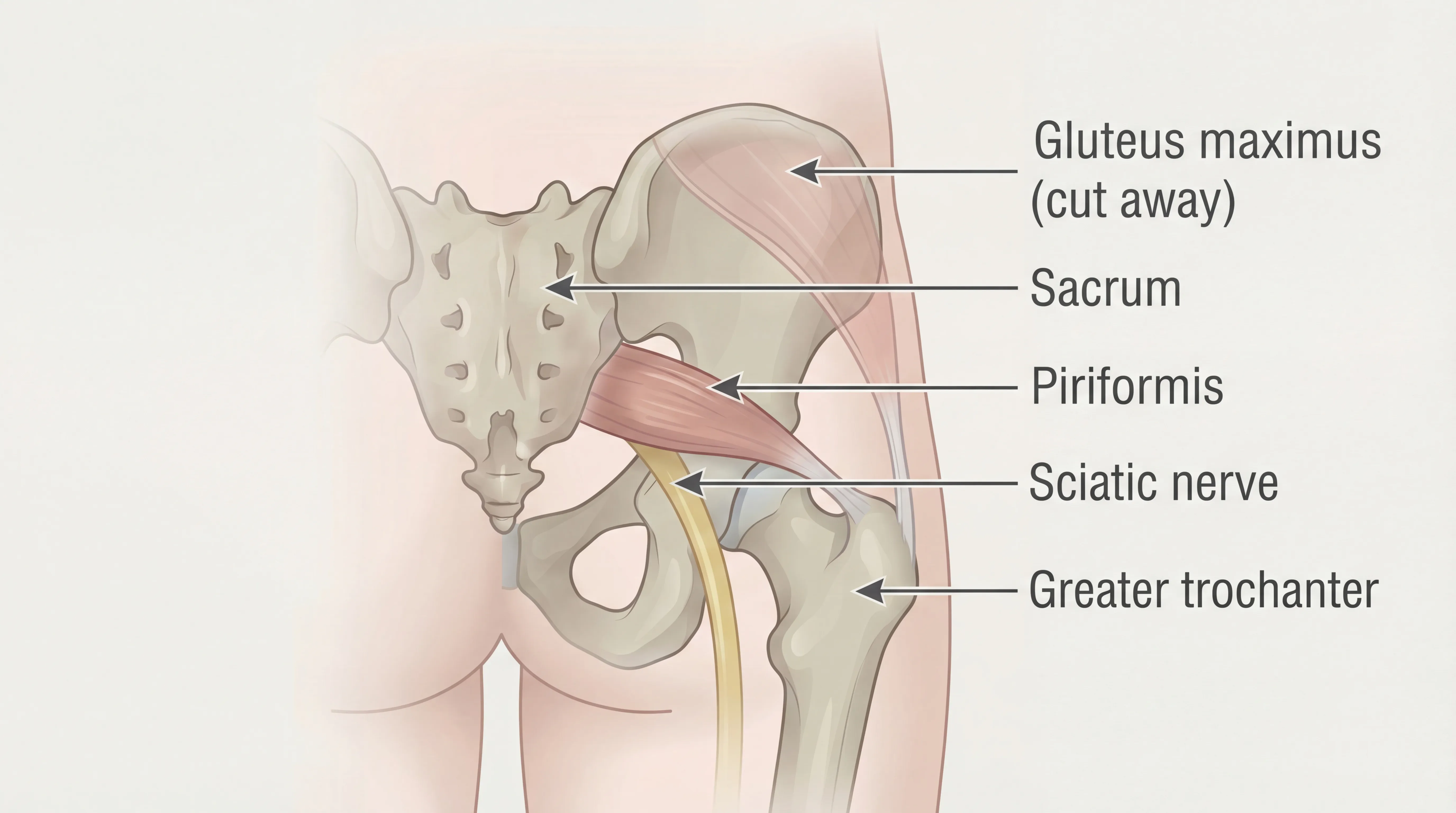 Anatomical diagram showing the piriformis muscle and sciatic nerve